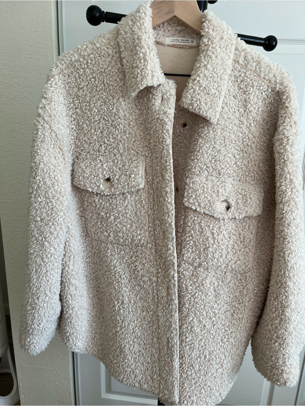 12th Tribe Cream Teddy Bouclé Shacket with Chest Flaps